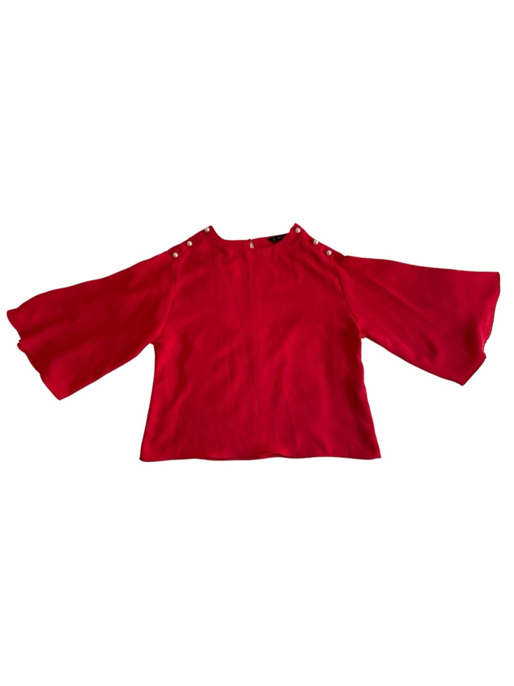 NWOT Zara Basic Red 3/4 Bell
Sleeve Blouse with Faux Pearl
Shoulder Details.